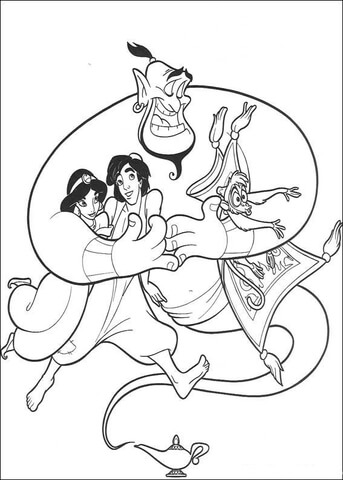 Aladdin, Jasmine, Abu And The Carpet  Coloring Page